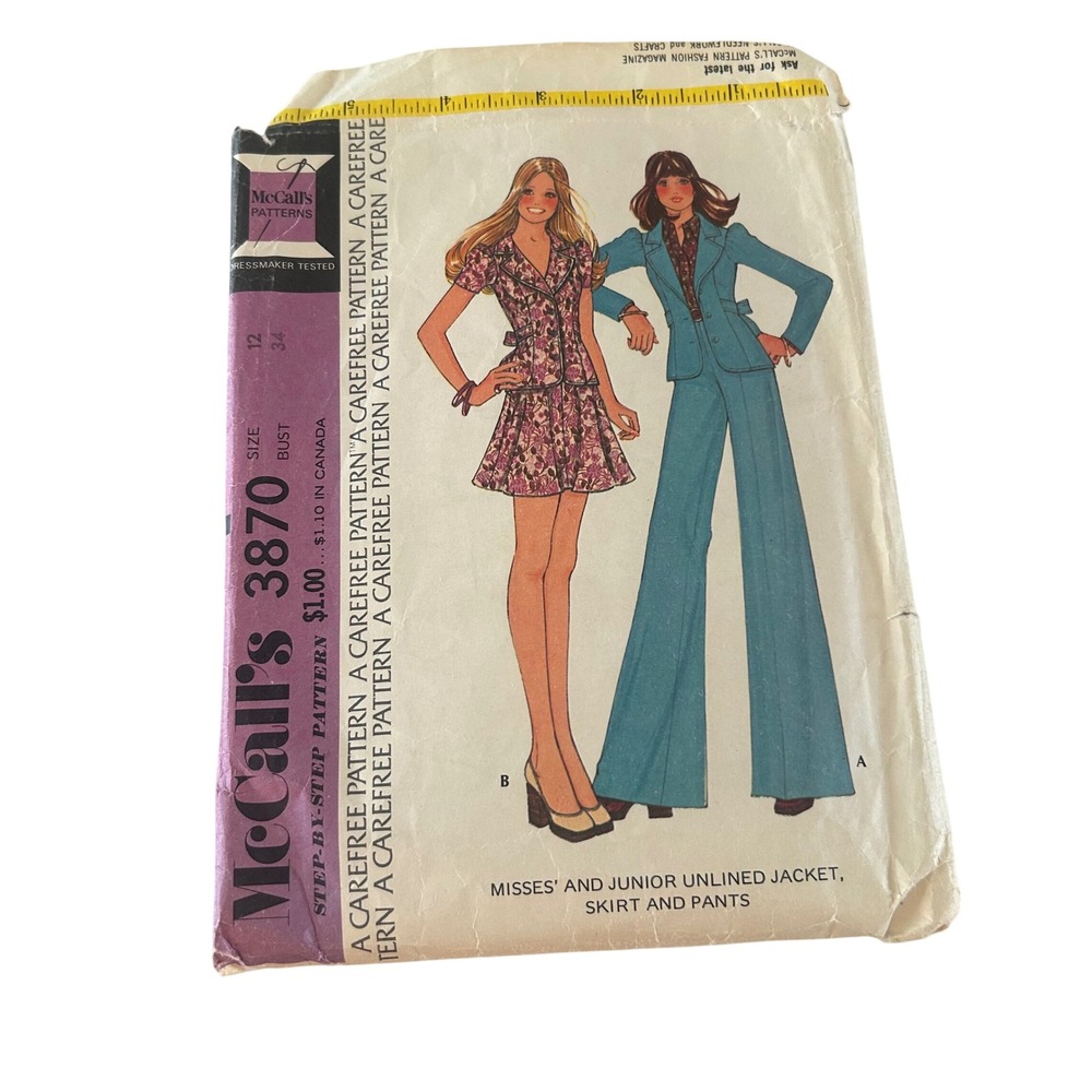 Vintage 1973 McCall's 3870 Pattern Sz 12 Cut Jacket Pants Skirt Wide Leg Career